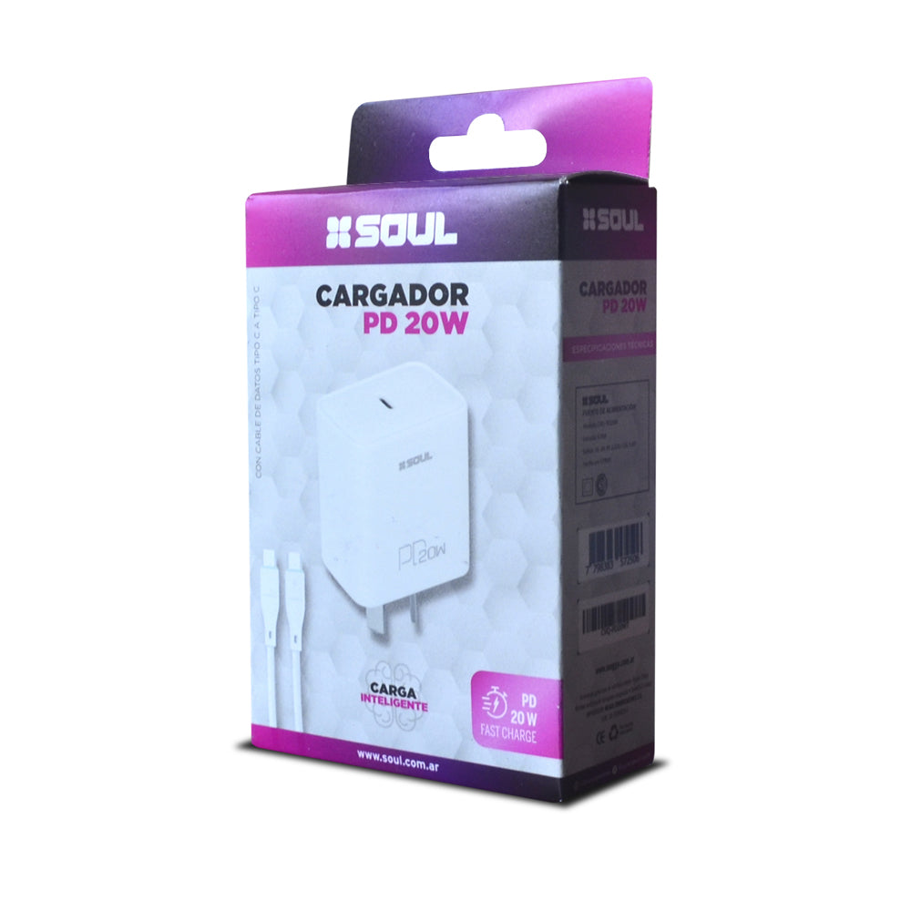 Cargador SOUL Fast Charge 20W PD - Cable Tipo C a Lightning