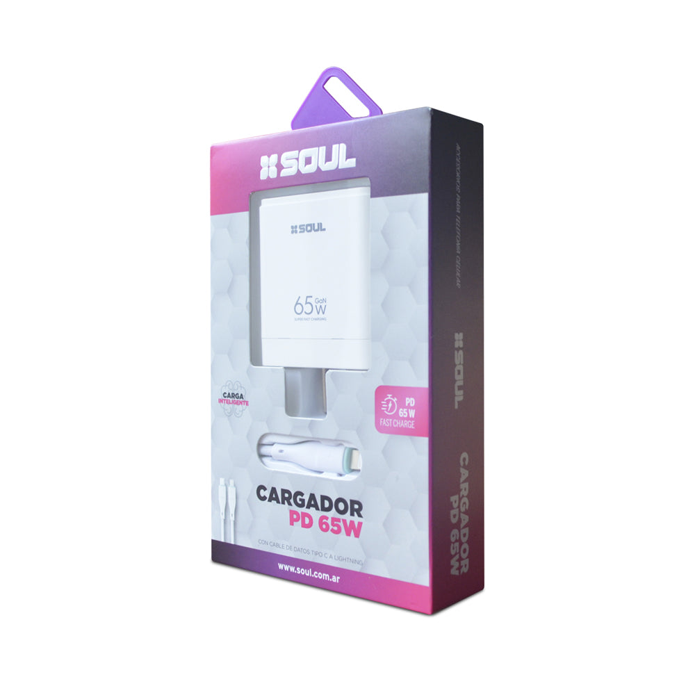 Cargador SOUL Fast Charge USB+PD 65W + Cable Lightning