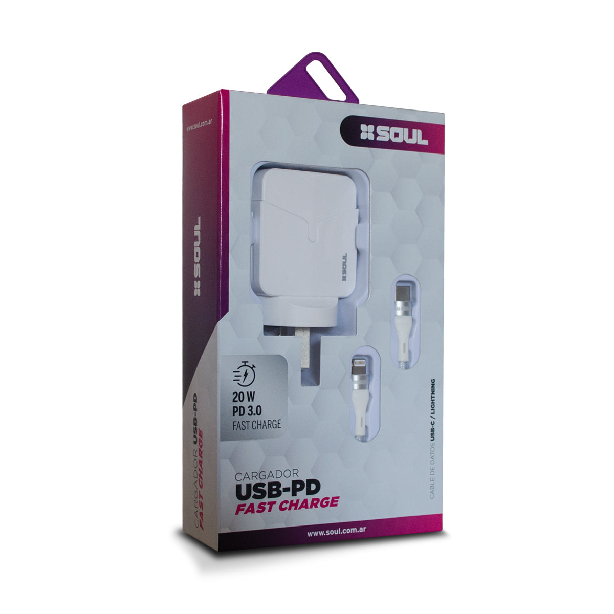Cargador SOUL Fast Charge 20W USB + PD - Cable Tipo C a Lightning