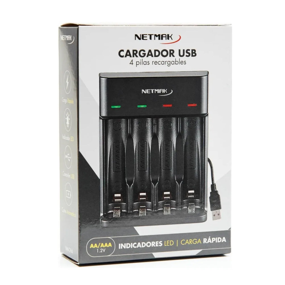 Cargador de Pilas USB Netmak AA/AAA